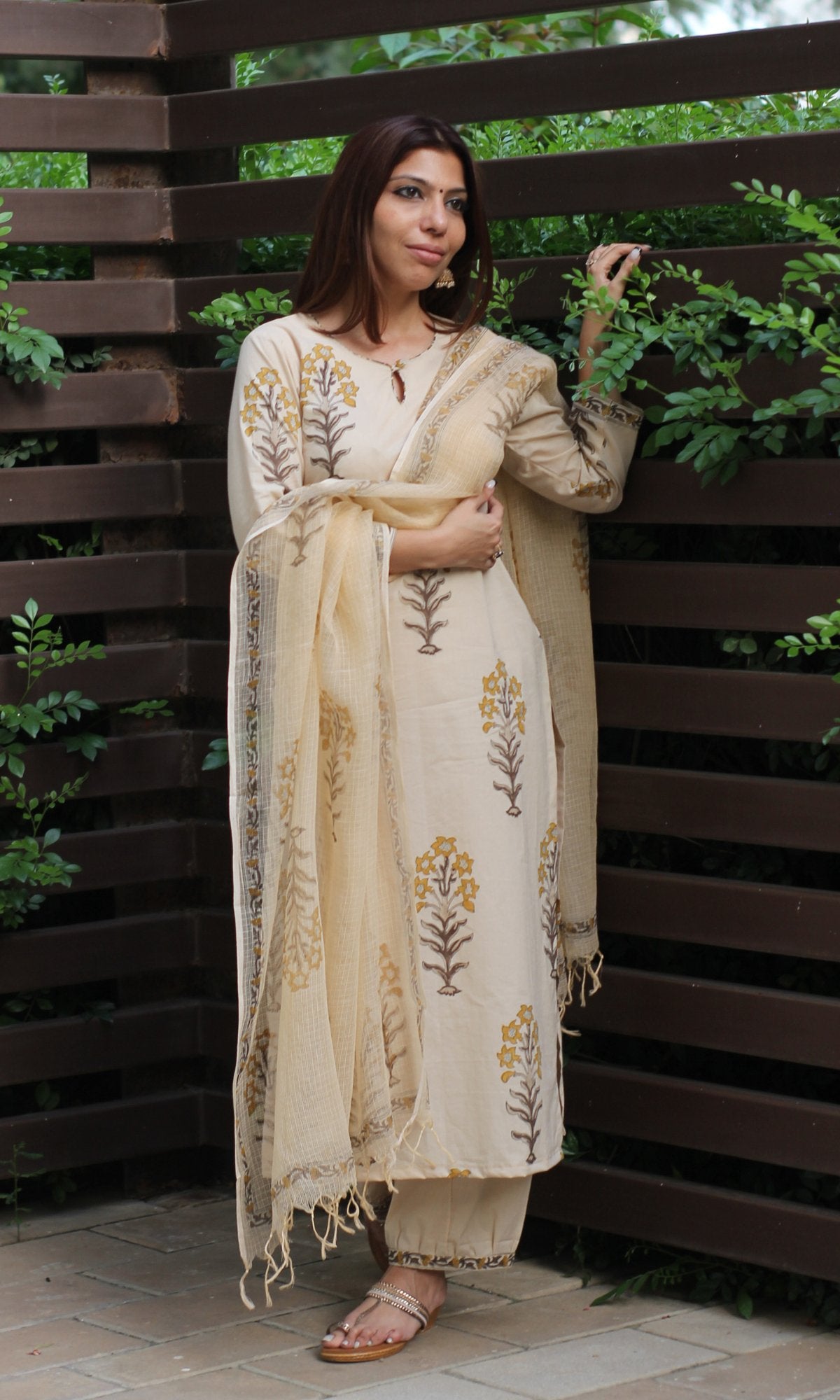 Cotton Handblock Mughal Print Suit Set with Kota Doria Dupatta - Baareeki