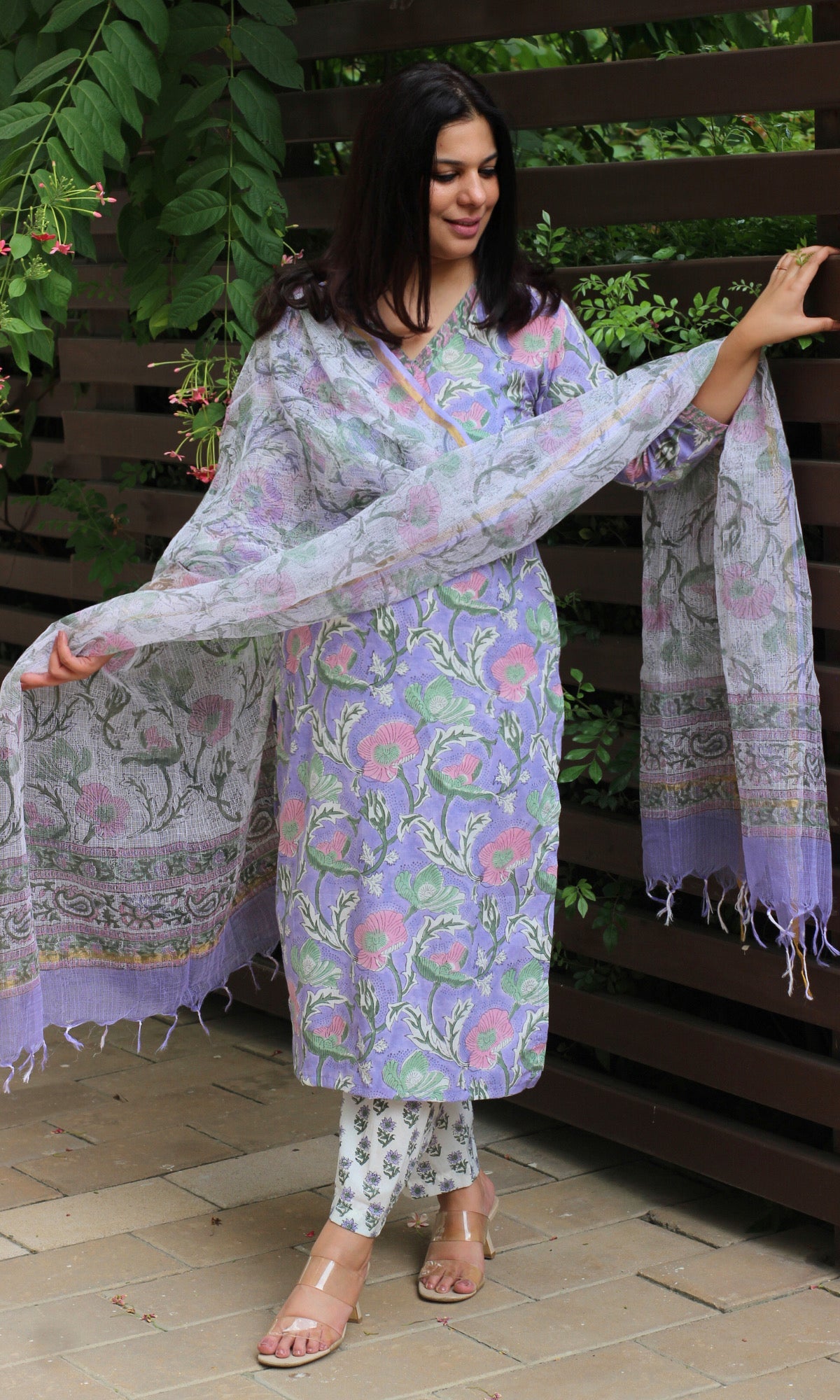 Cotton Handblock Purple Suit Set with Kota Doria Dupatta - Baareeki