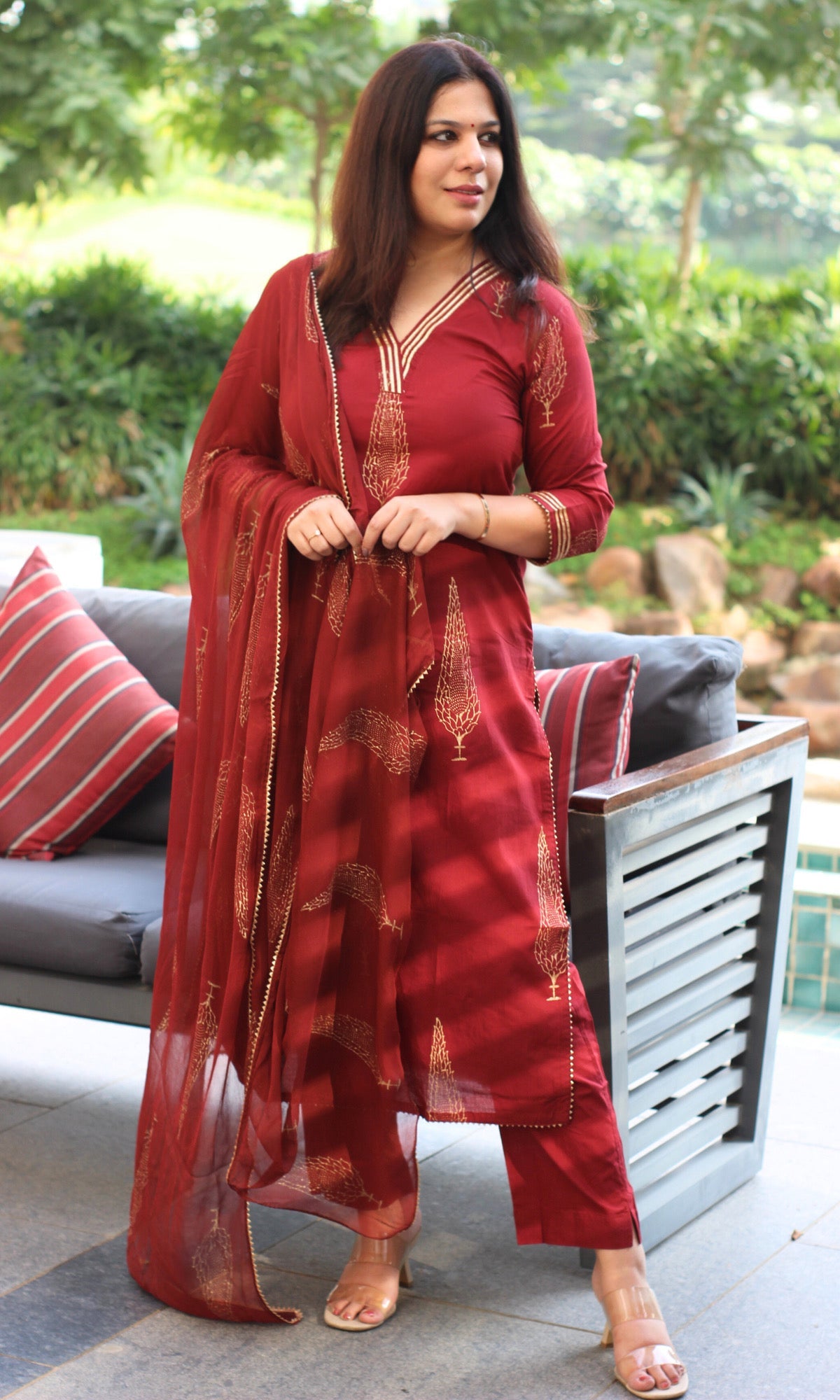 Cotton Handblock Red and Gold Kurta and Pants with Chiffon Dupatta - Baareeki