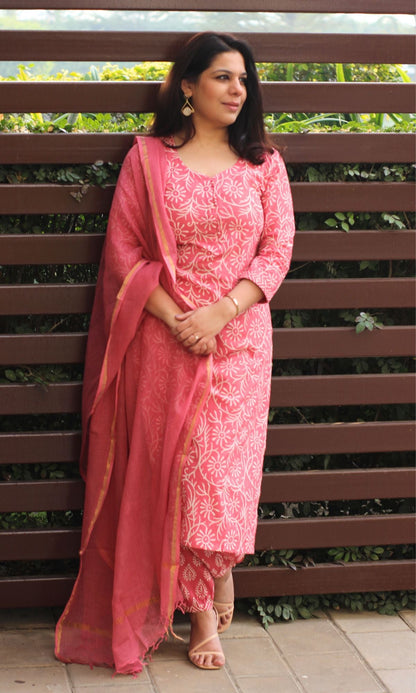 Cotton Handblock Rose Pink Suit Set with Kota Doria Dupatta - Baareeki