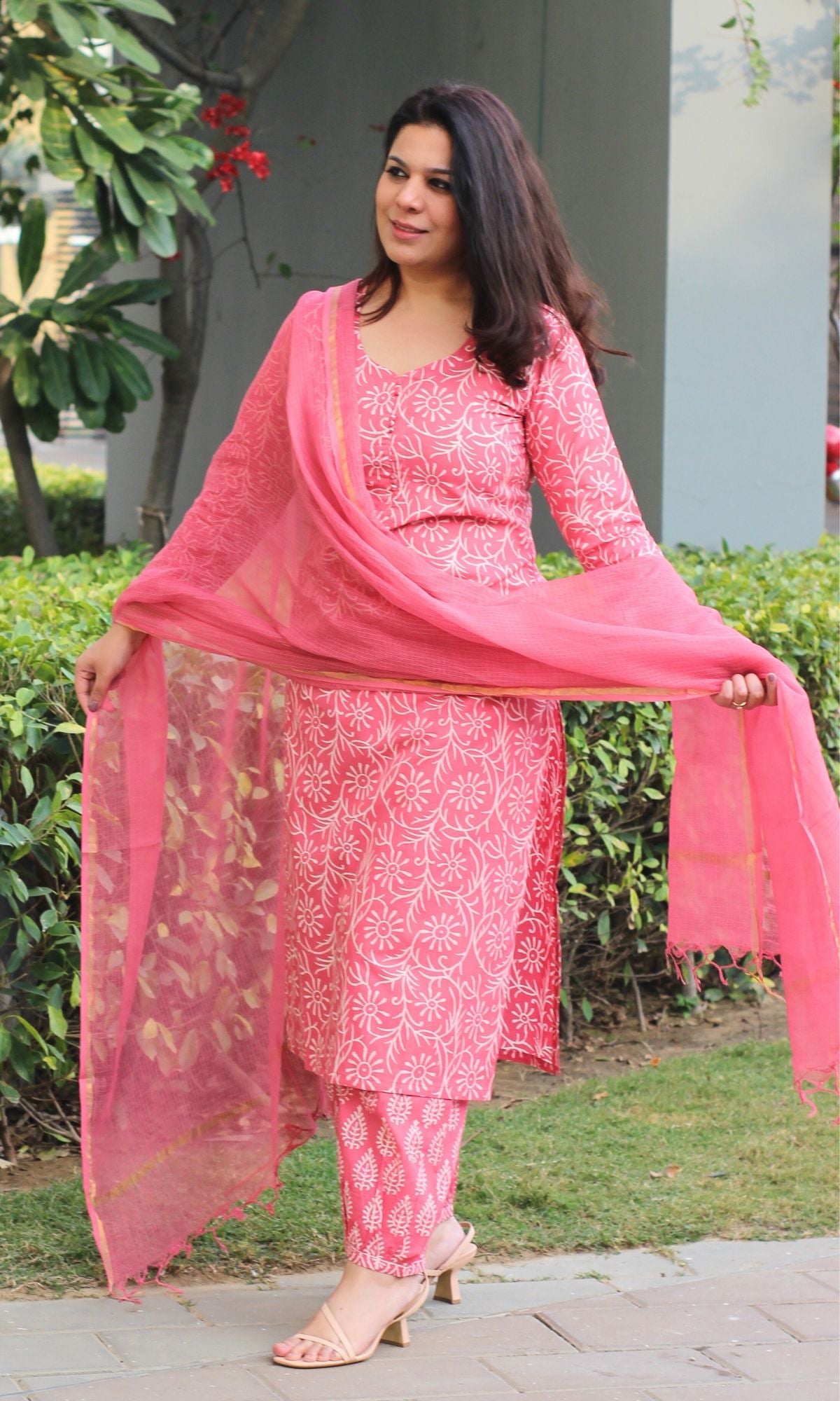 Cotton Handblock Rose Pink Suit Set with Kota Doria Dupatta - Baareeki