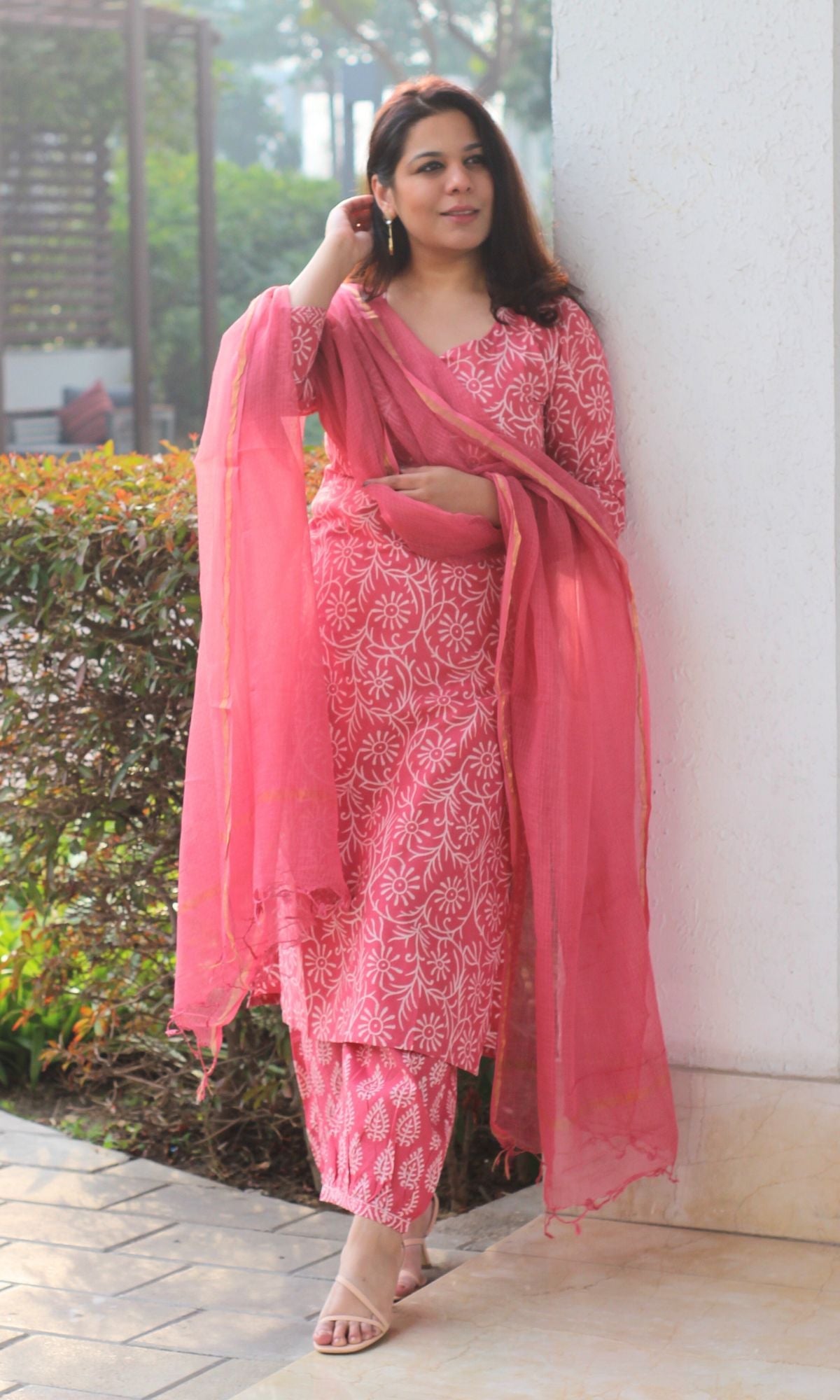 Cotton Handblock Rose Pink Suit Set with Kota Doria Dupatta - Baareeki