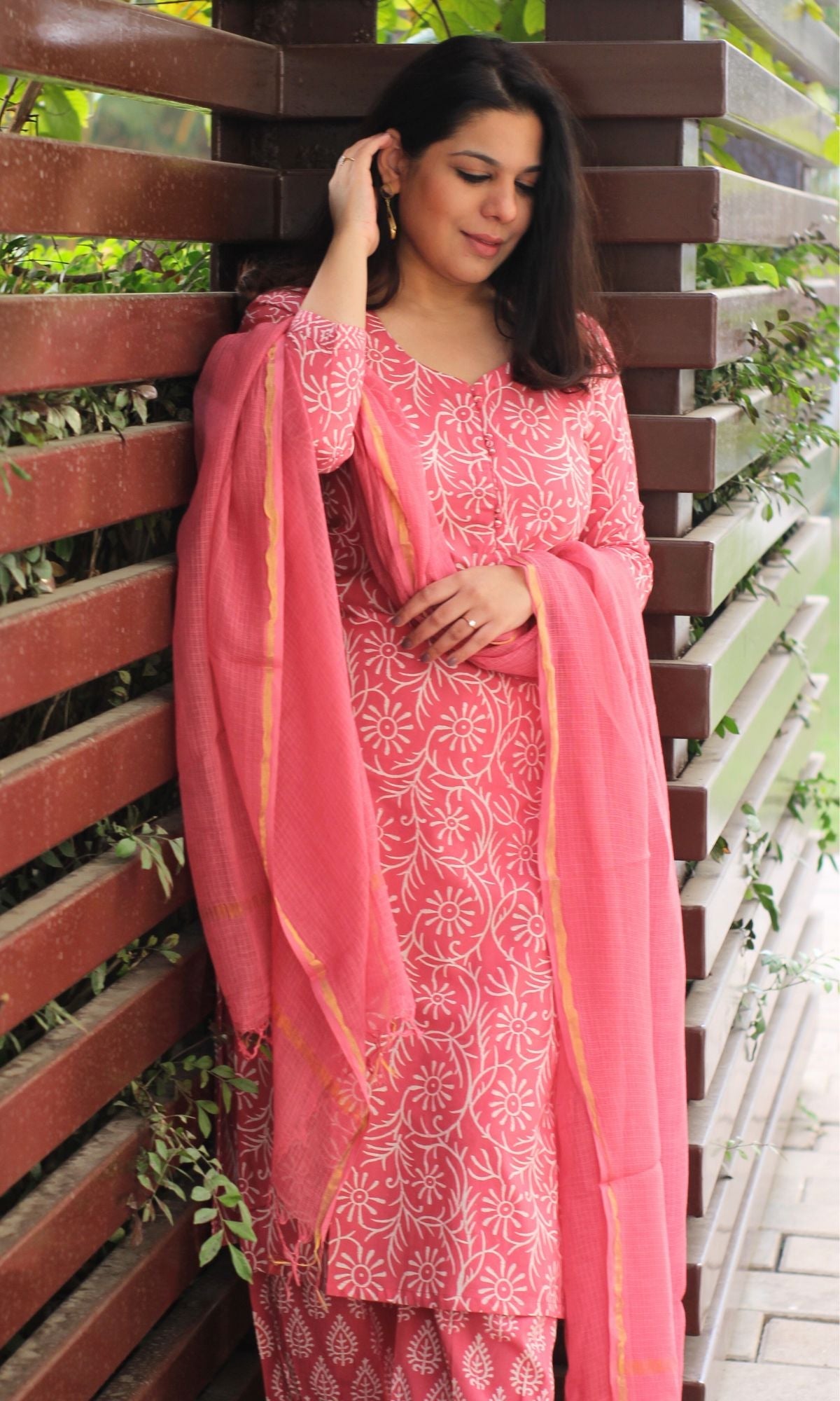 Cotton Handblock Rose Pink Suit Set with Kota Doria Dupatta - Baareeki