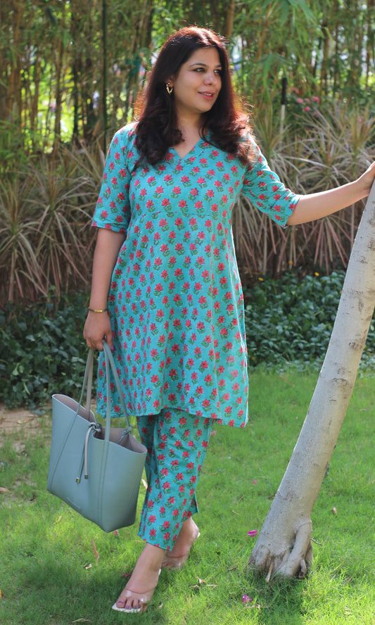 Cotton Handblock Turquoise Coord Set - Baareeki