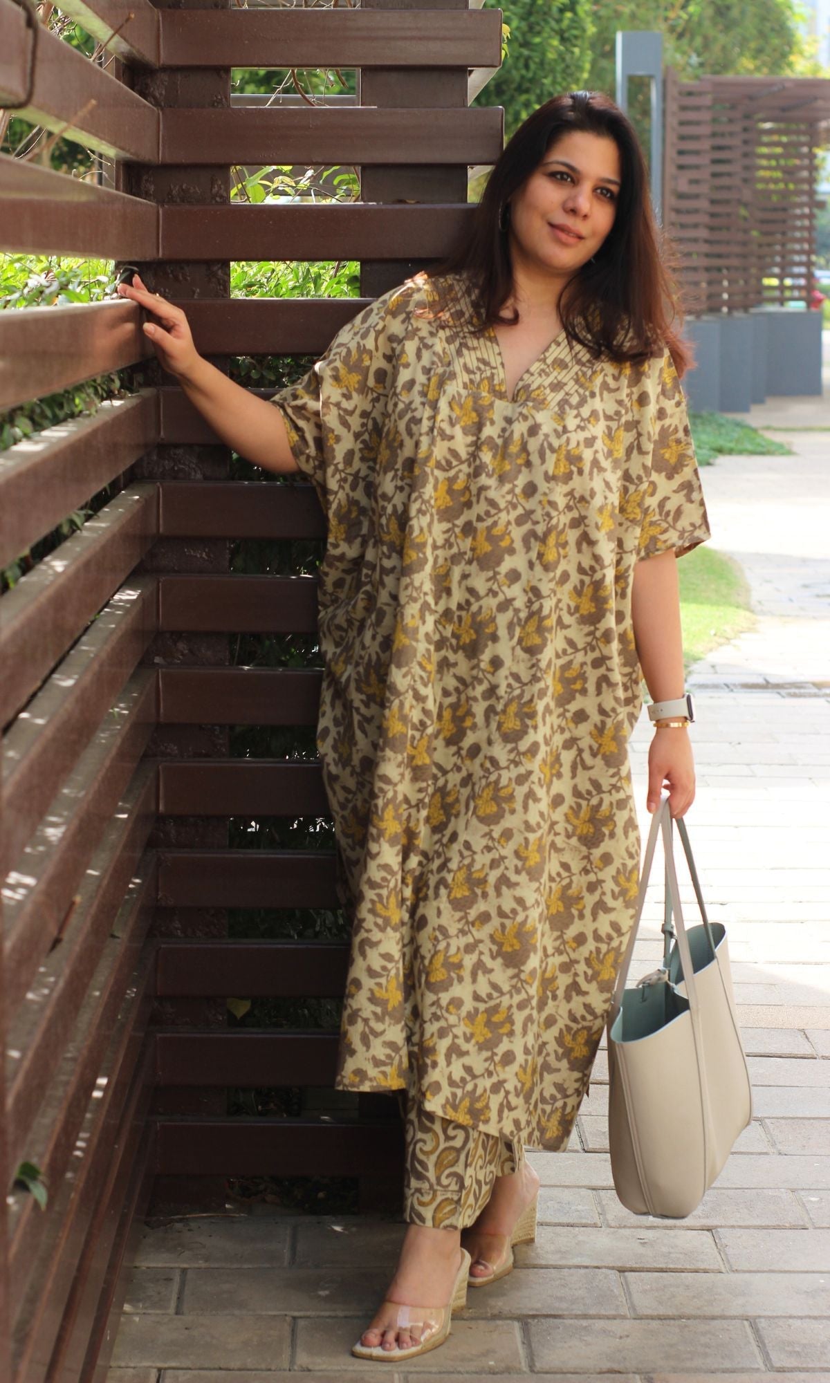 Cotton Handblock Vanaspati Ajrakh Kaftan Style Coord Set - Baareeki