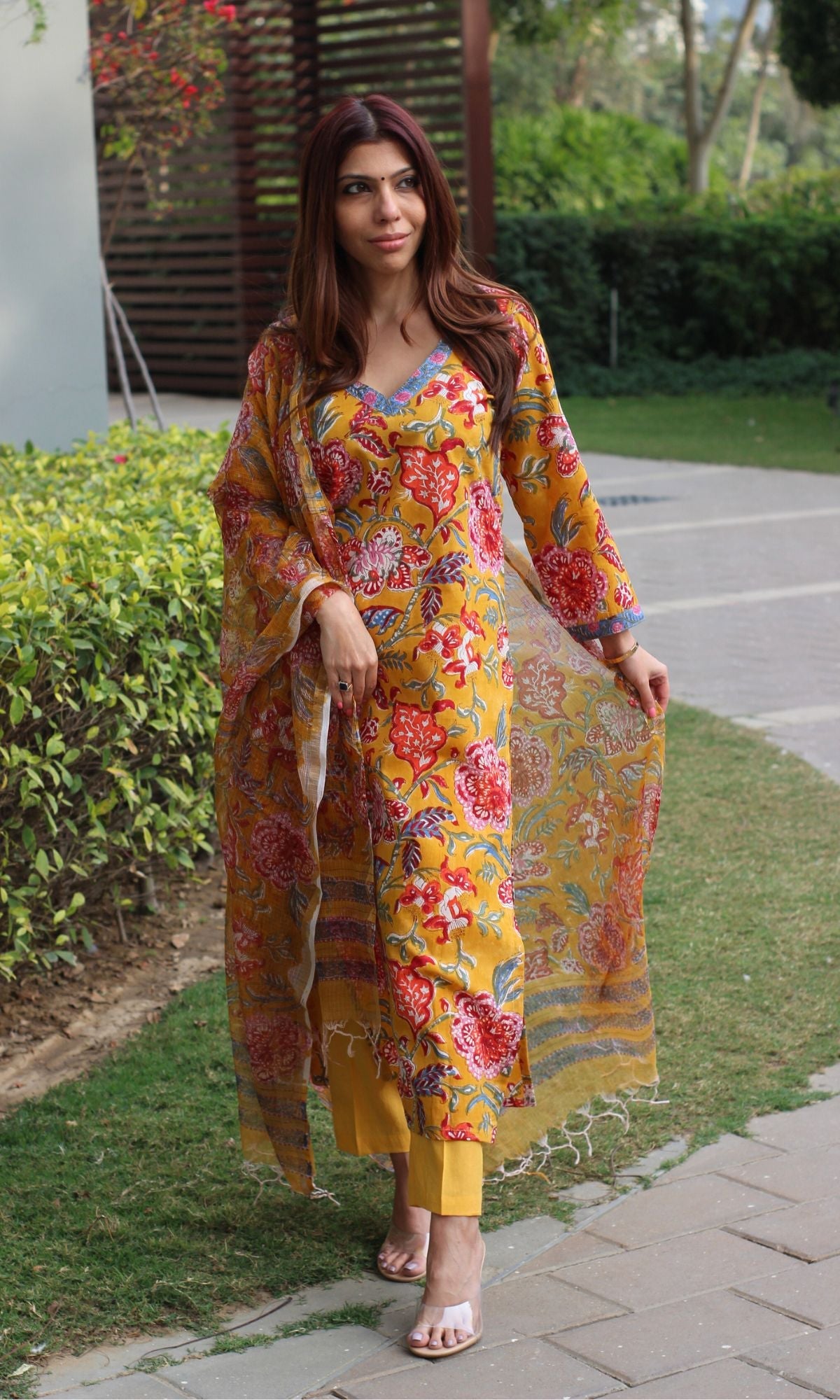 Cotton Handblock Yellow Suit Set with Printed Kota Doria Dupatta - Baareeki