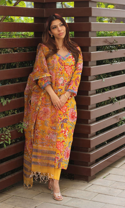 Cotton Handblock Yellow Suit Set with Printed Kota Doria Dupatta - Baareeki