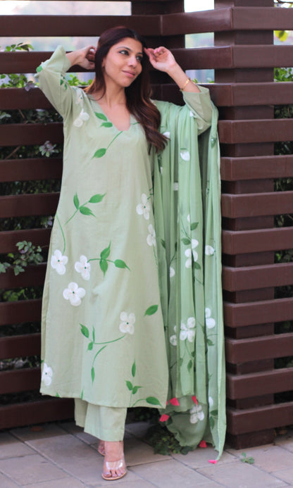 Cotton Handbrush Green Suit Set with Handbrush Chiffon Dupatta - Baareeki