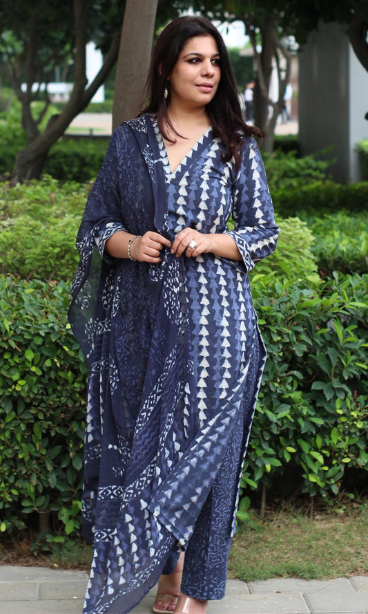 Cotton Indigo Bagru Suit Set with Chiffon Dupatta - Baareeki