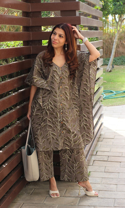 Cotton Kaftan Style Olive Green Buttoned Coord Set - Baareeki