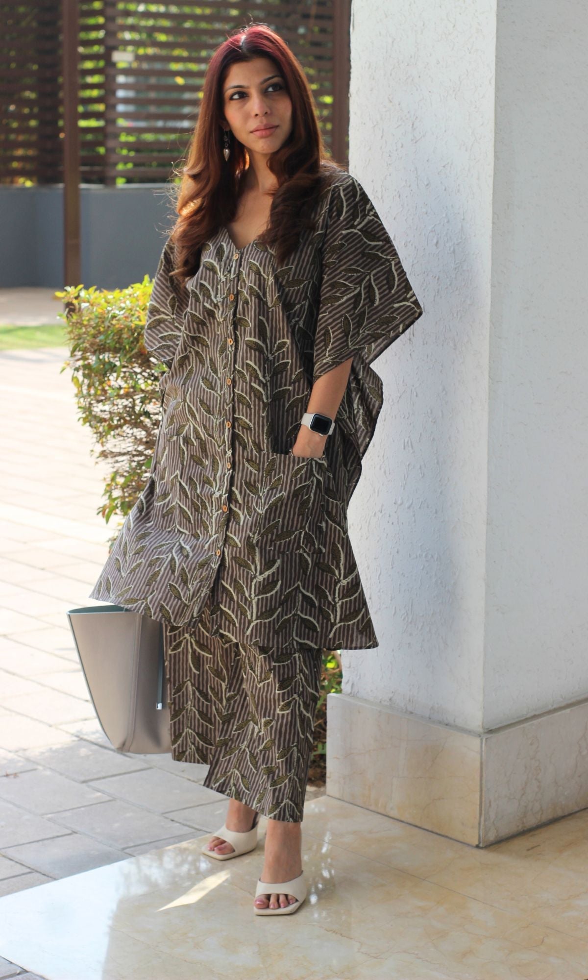 Cotton Kaftan Style Olive Green Buttoned Coord Set - Baareeki