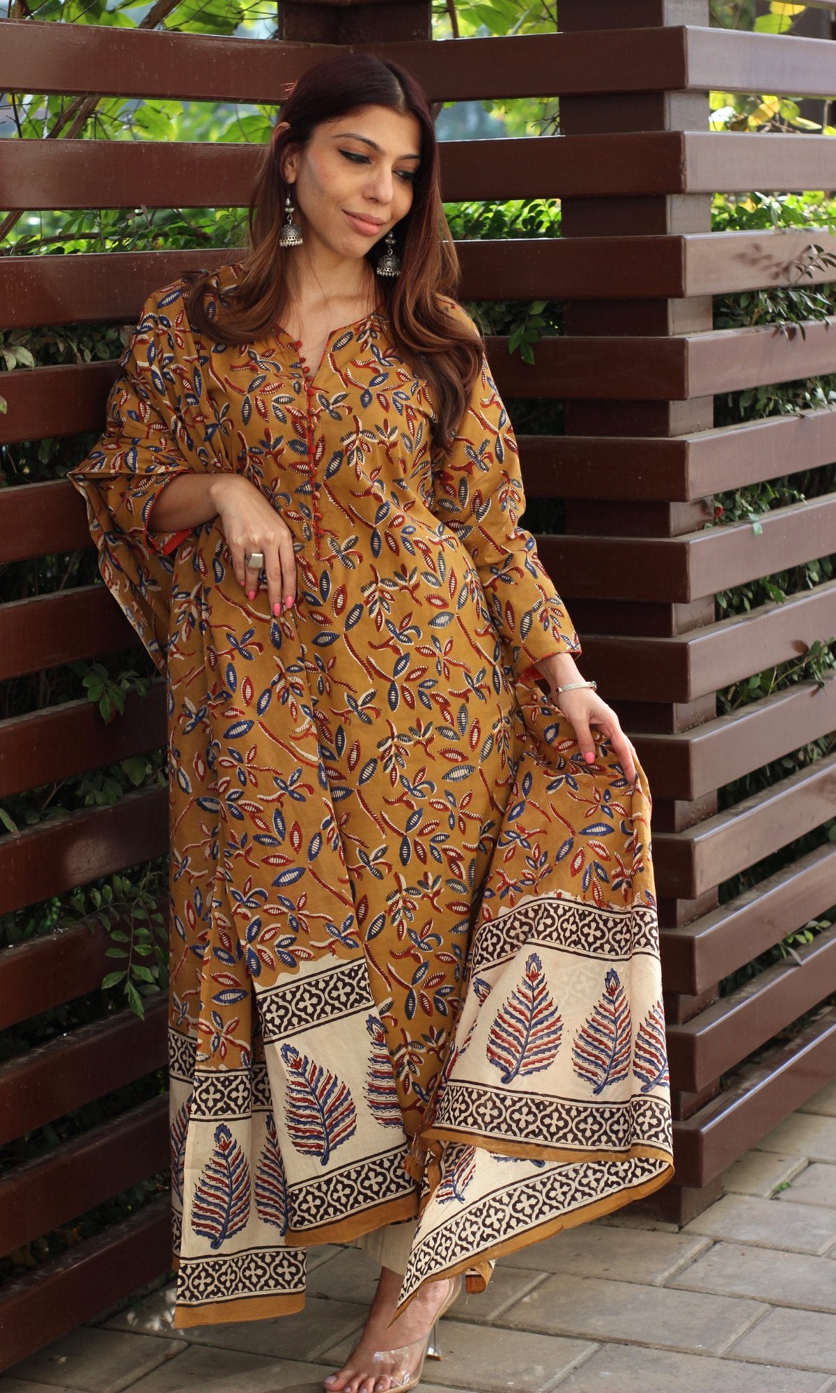 Cotton Kalamkari Earthy Mustard Kurta and Dupatta - Baareeki