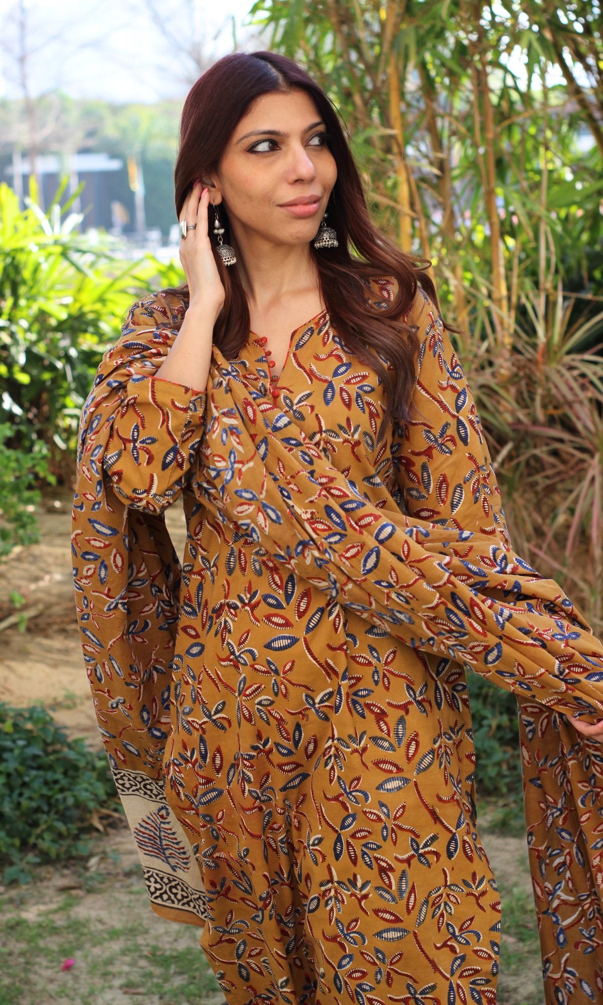 Cotton Kalamkari Earthy Mustard Kurta and Dupatta - Baareeki