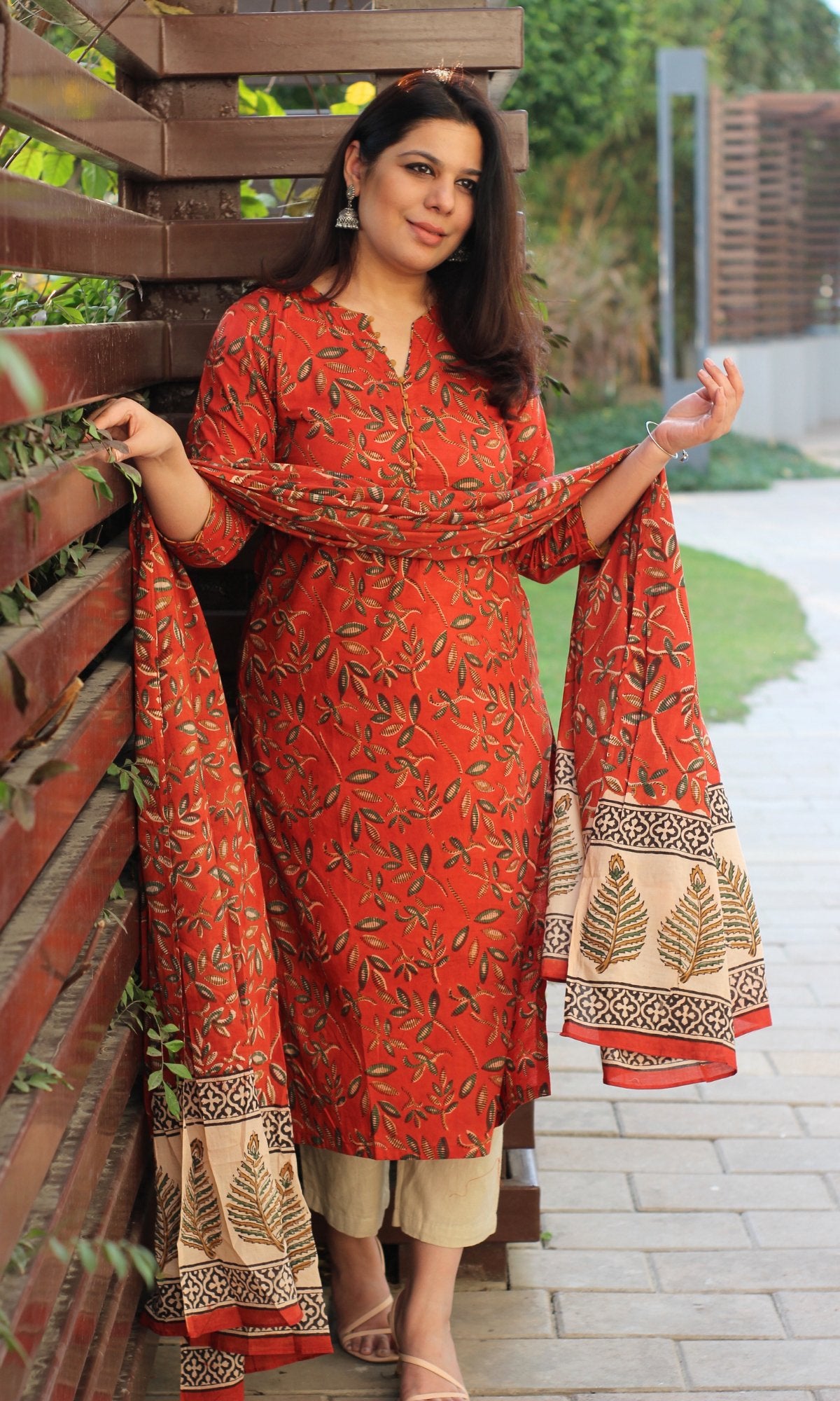 Cotton Kalamkari Earthy Red Kurta and Dupatta - Baareeki