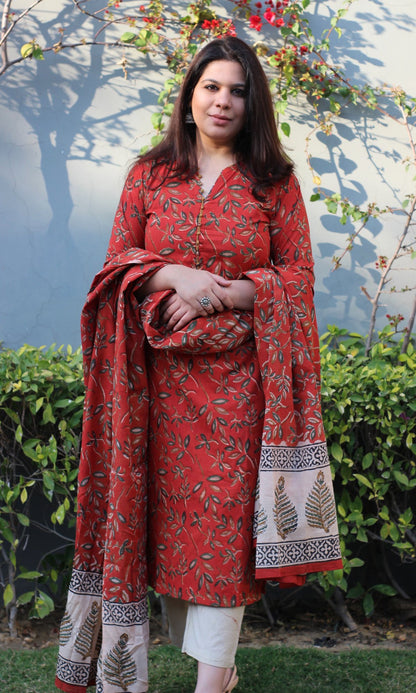 Cotton Kalamkari Earthy Red Kurta and Dupatta - Baareeki