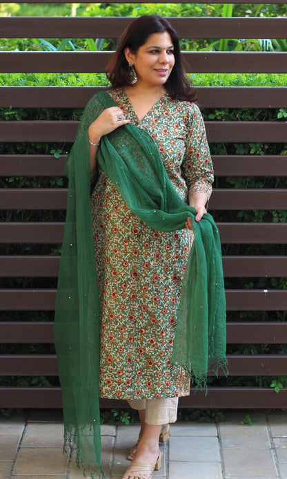 Cotton Kalamkari Green Kurta (Dupatta optional) - Baareeki