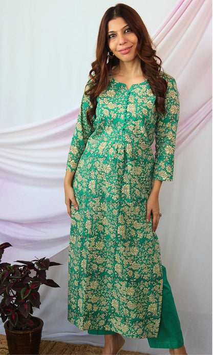 Cotton Kalamkari Green Kurta with Pants - Baareeki