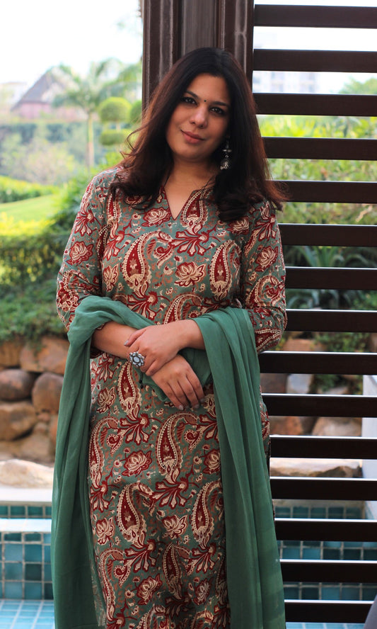 Cotton Kalamkari Print Green Suit Set with Chiffon Dupatta - Baareeki