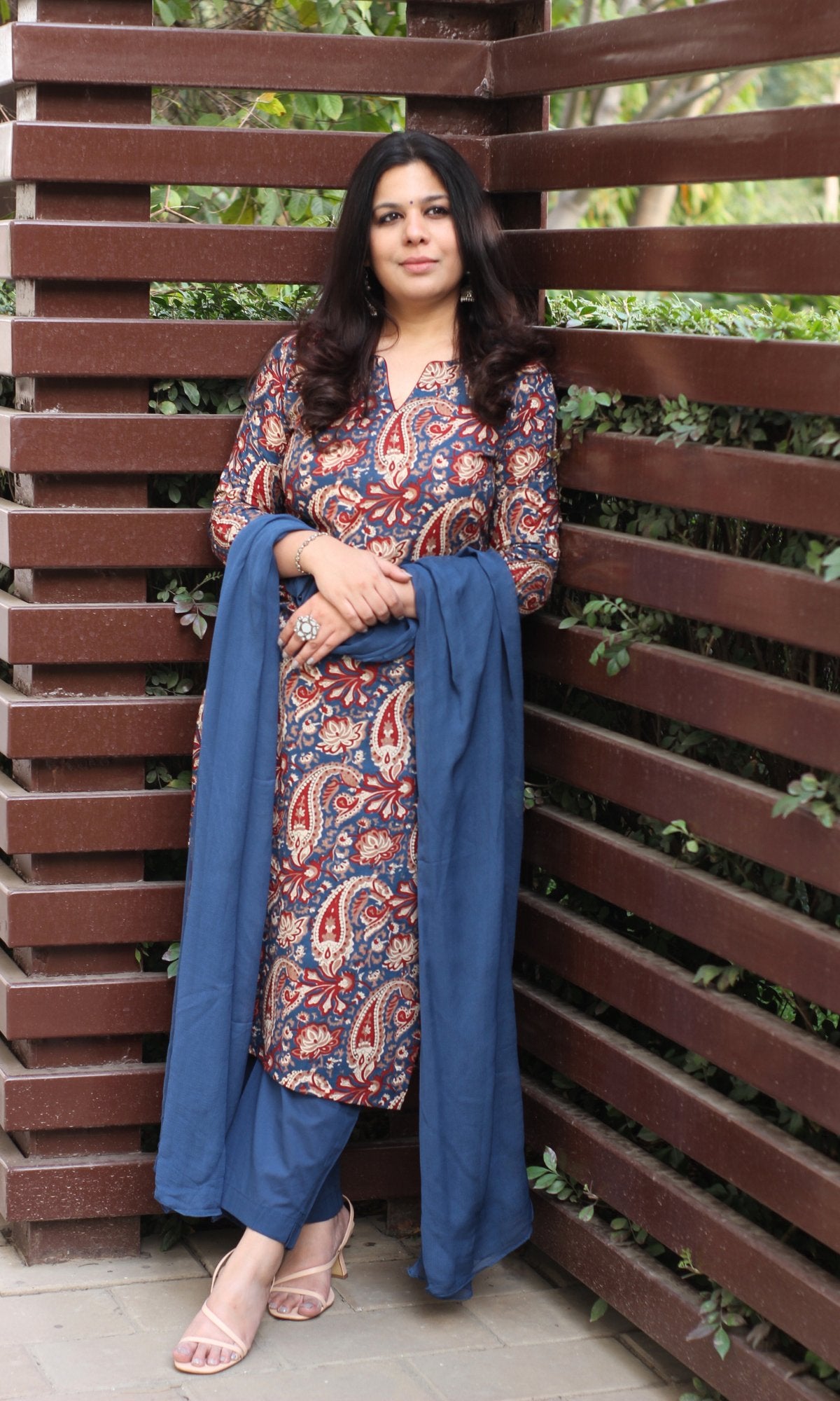 Cotton Kalamkari Print Royal Blue Suit Set with Chiffon Dupatta - Baareeki