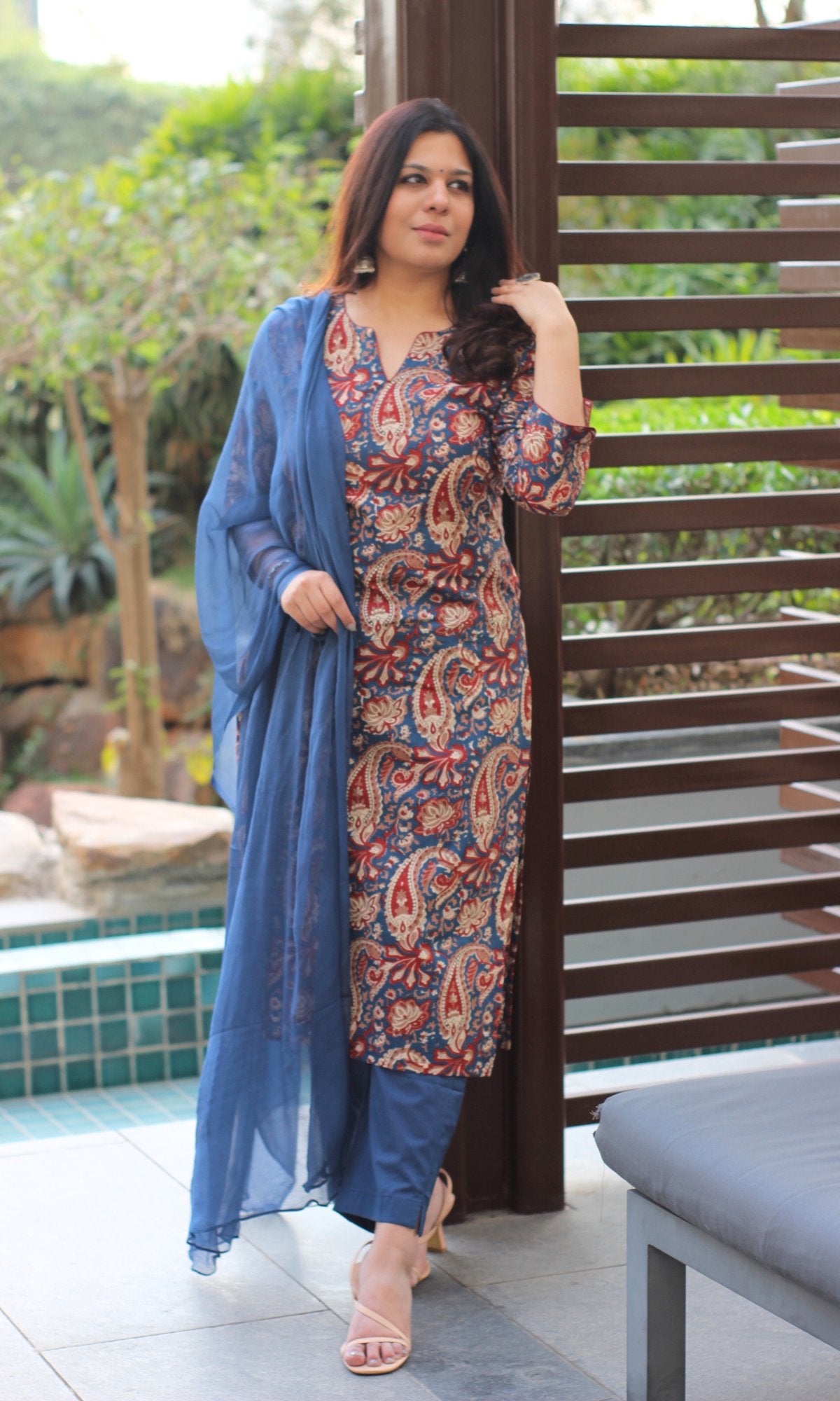 Cotton Kalamkari Print Royal Blue Suit Set with Chiffon Dupatta - Baareeki