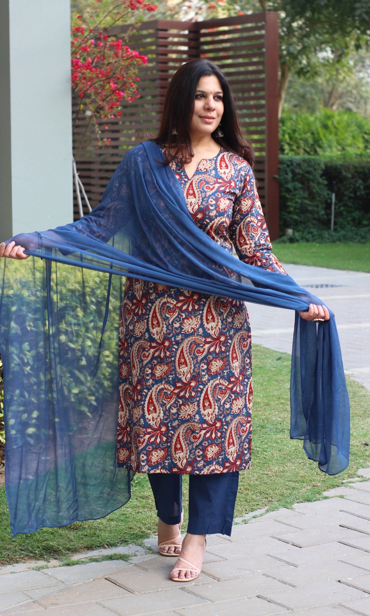 Cotton Kalamkari Print Royal Blue Suit Set with Chiffon Dupatta - Baareeki