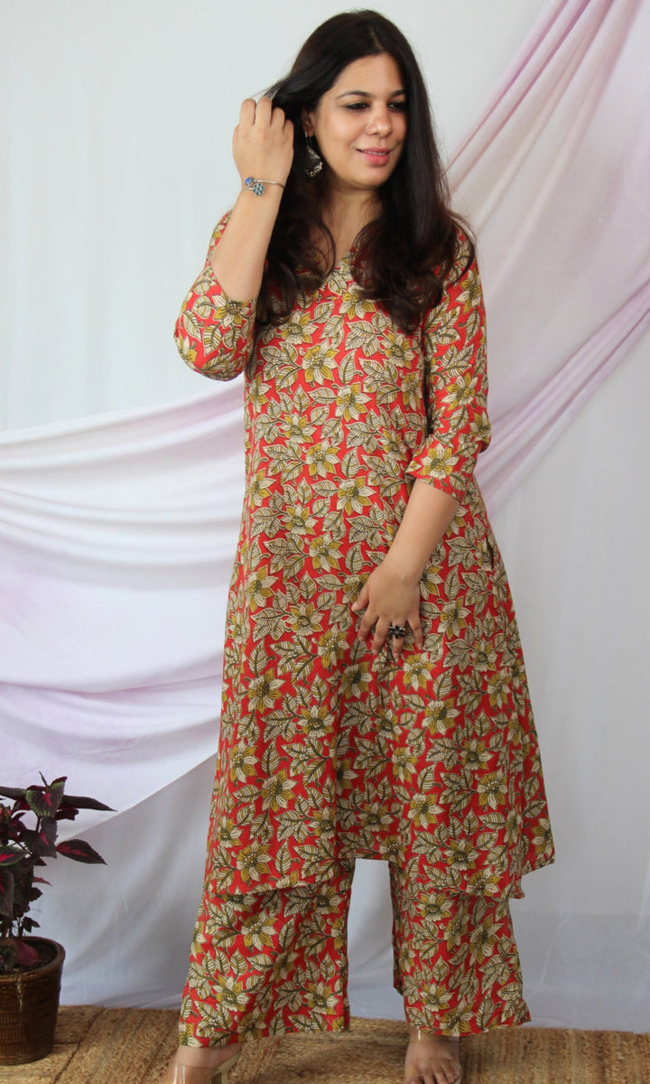 Red - Hand Embroidered Printed Cotton A-Line Kalamkari Kurta for women 15