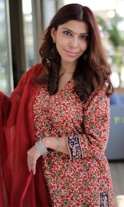 Cotton Kalamkari Red Kurta (Dupatta optional) - Baareeki