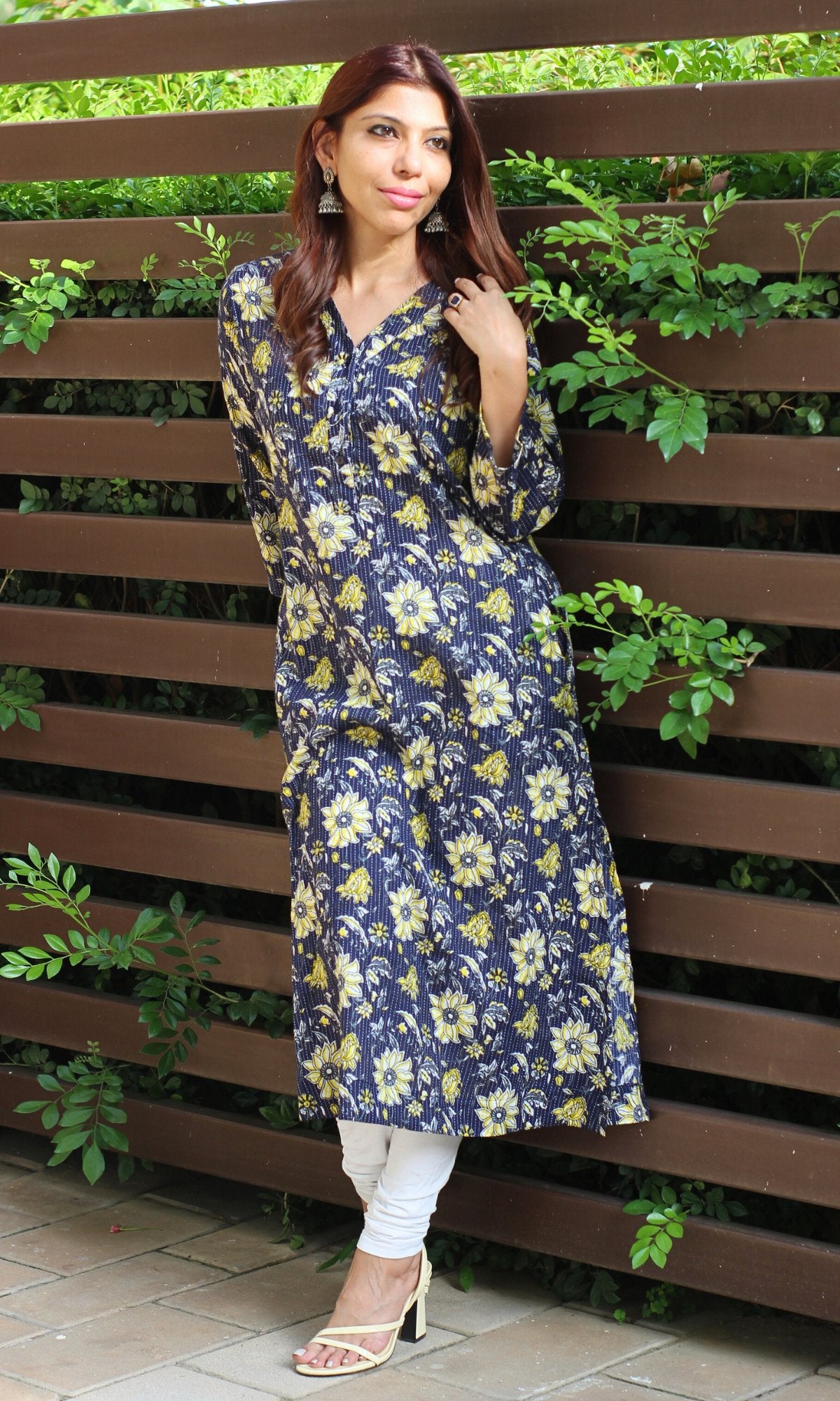 Cotton Kantha Blue and Yellow Kurta - Baareeki