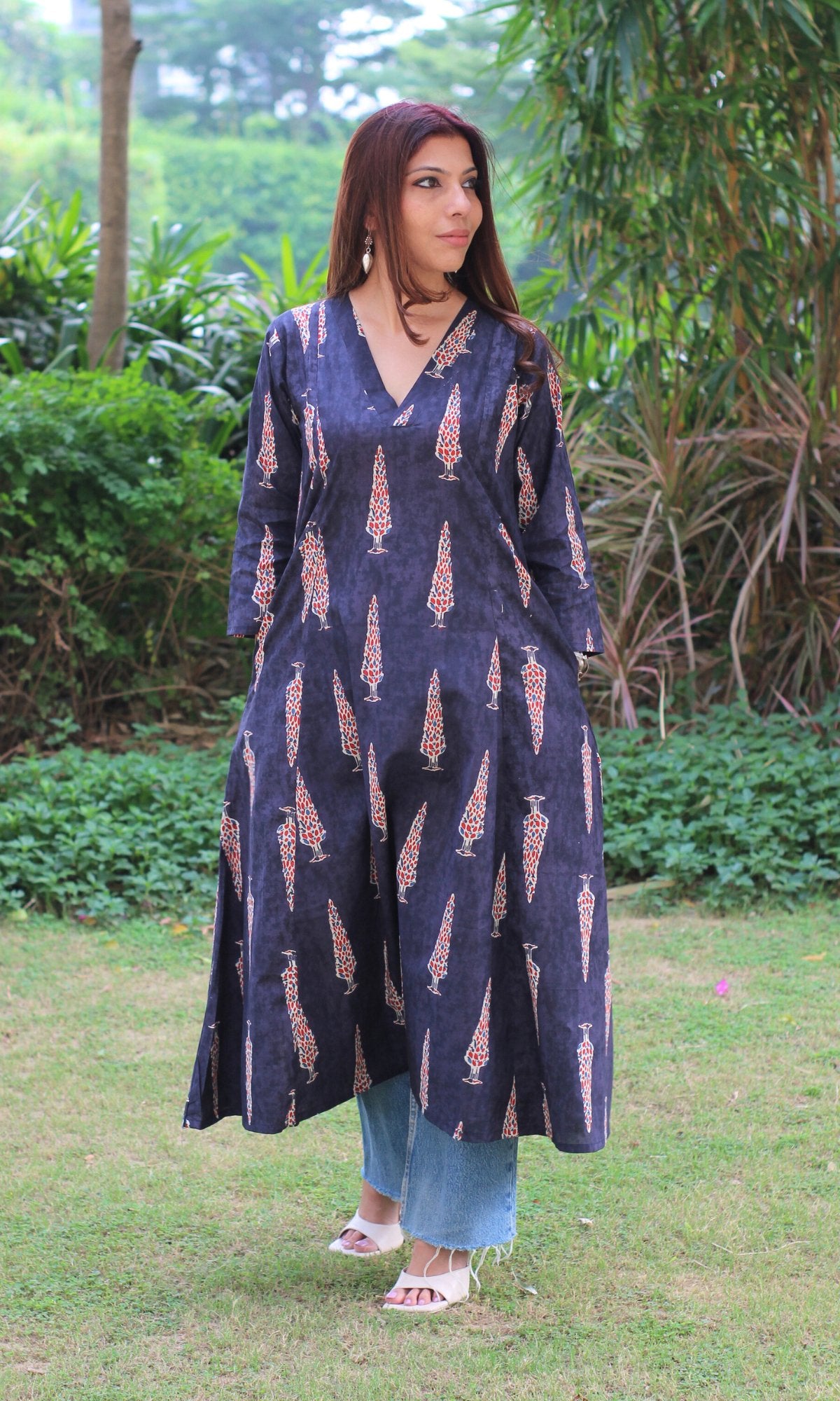 Cotton Midnight Blue Ajrakh Print Kali Kurta - Baareeki