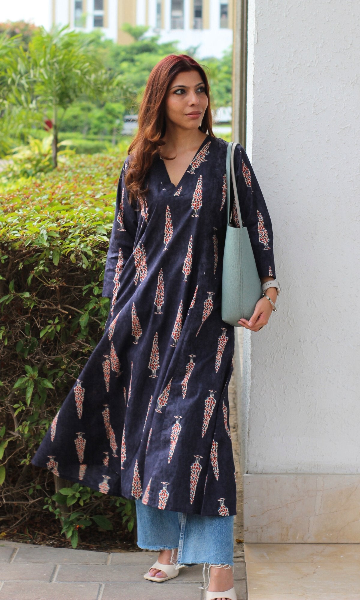 Cotton Midnight Blue Ajrakh Print Kali Kurta - Baareeki