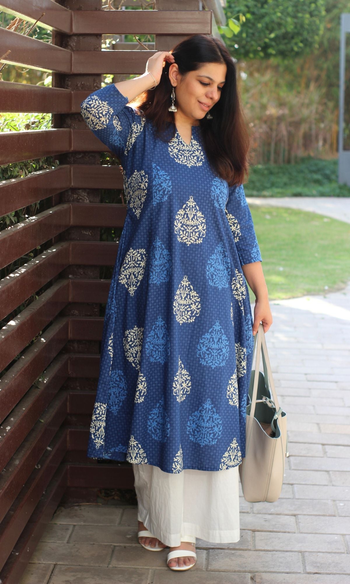 Cotton Mughal Print Blue Kali Kurta - Baareeki