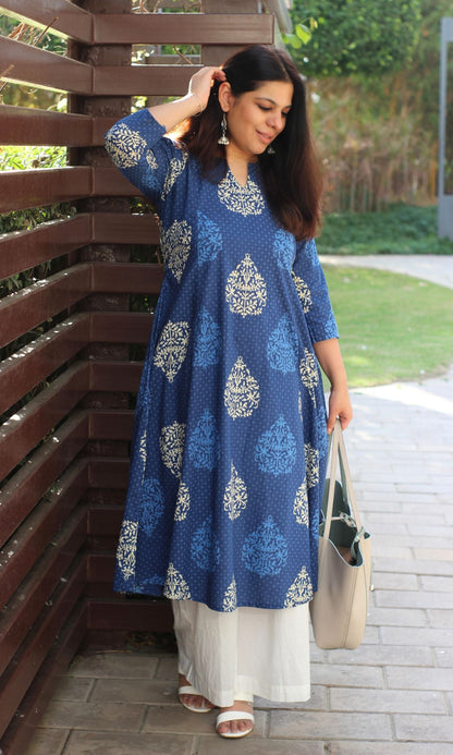 Cotton Mughal Print Blue Kali Kurta - Baareeki