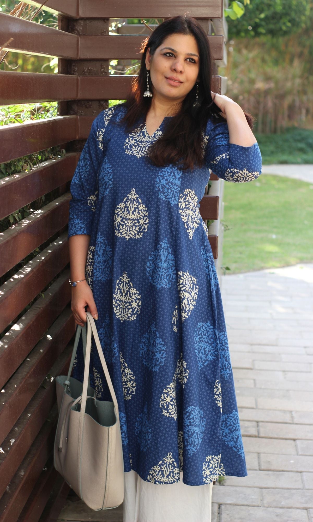 Cotton Mughal Print Blue Kali Kurta - Baareeki