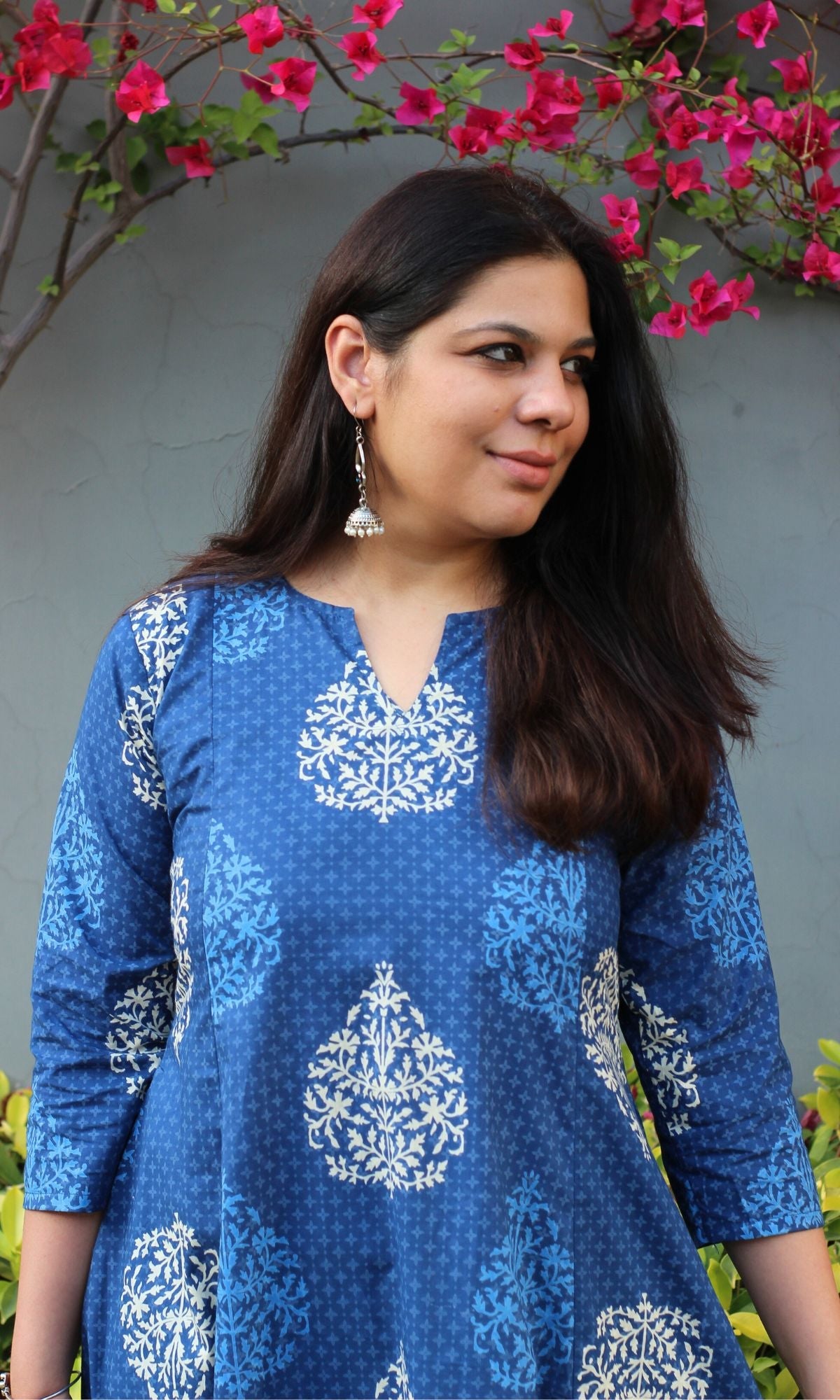 Cotton Mughal Print Blue Kali Kurta - Baareeki