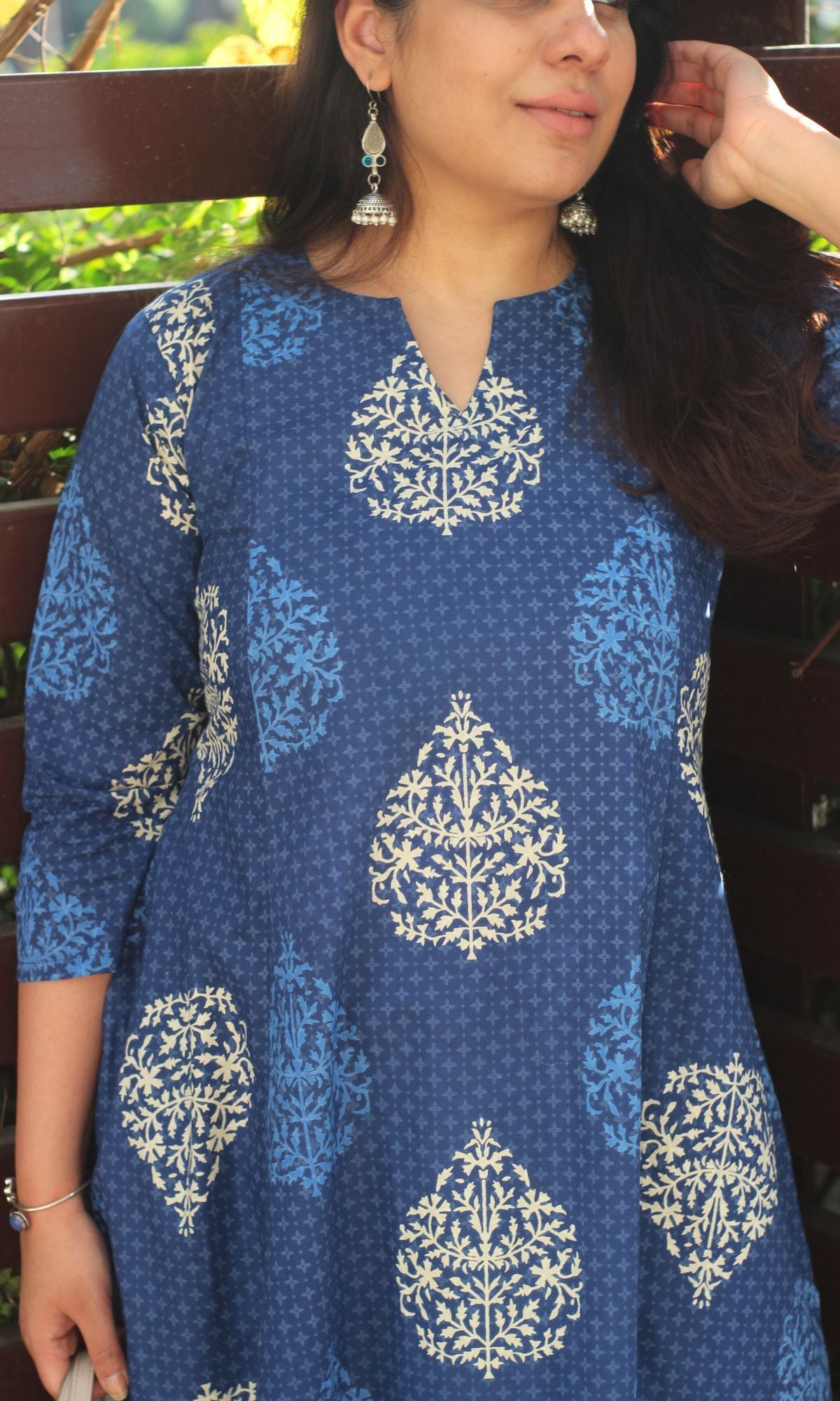 Cotton Mughal Print Blue Kali Kurta - Baareeki