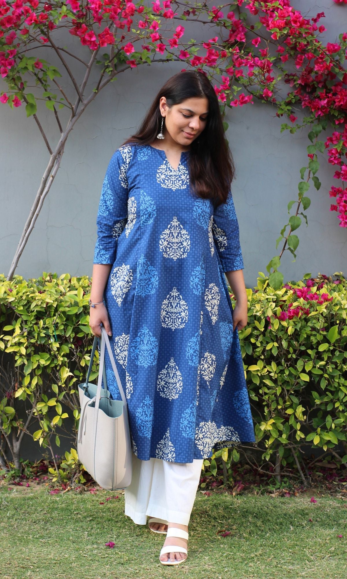 Cotton Mughal Print Blue Kali Kurta - Baareeki