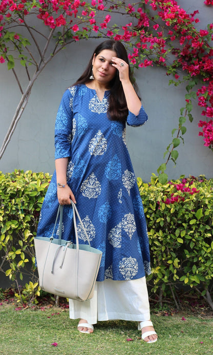 Cotton Mughal Print Blue Kali Kurta - Baareeki