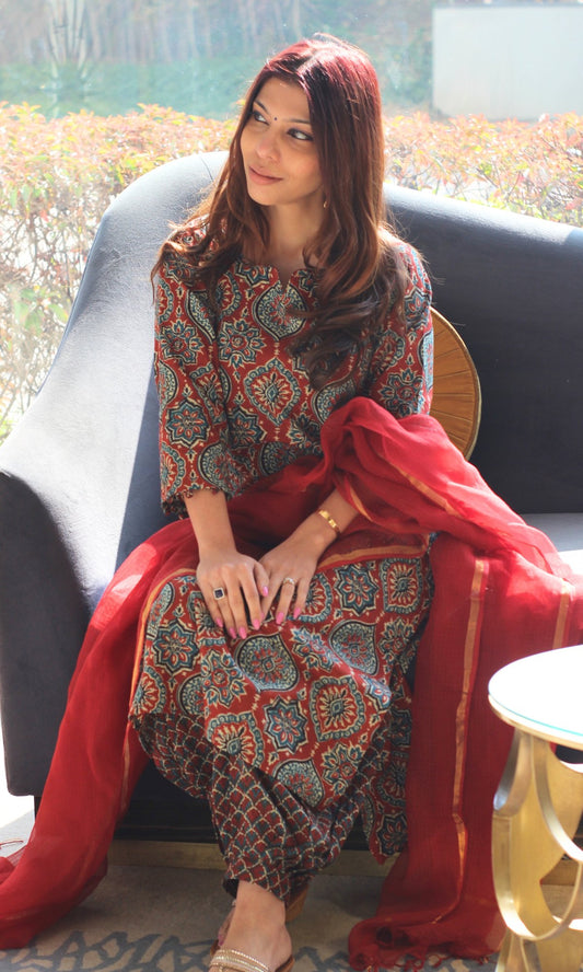 Cotton Red Ajrakh Kurta and Afghani Style Pants with Kota Doria Dupatta - Baareeki