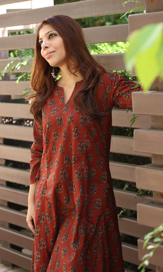 Cotton Red Kali Kurta - Baareeki