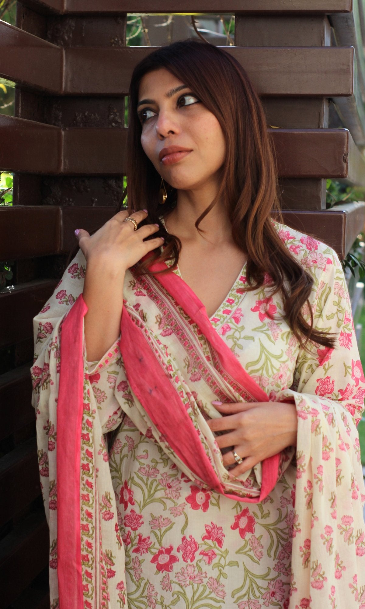 Cotton Sanganeri Off White & Pink Suit Set with Printed Dupatta - Baareeki