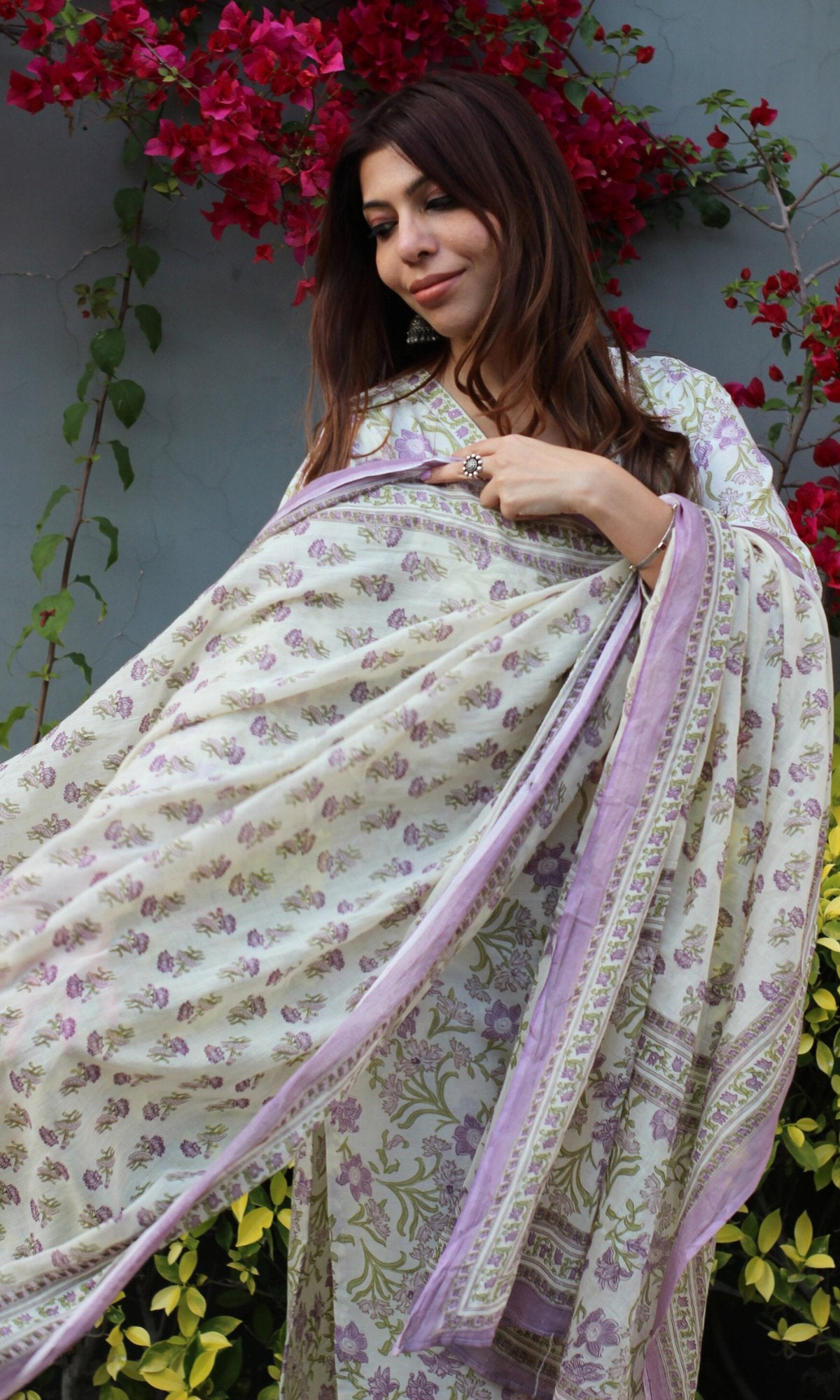 Cotton Sanganeri Off White & Purple Suit Set with Printed Dupatta - Baareeki