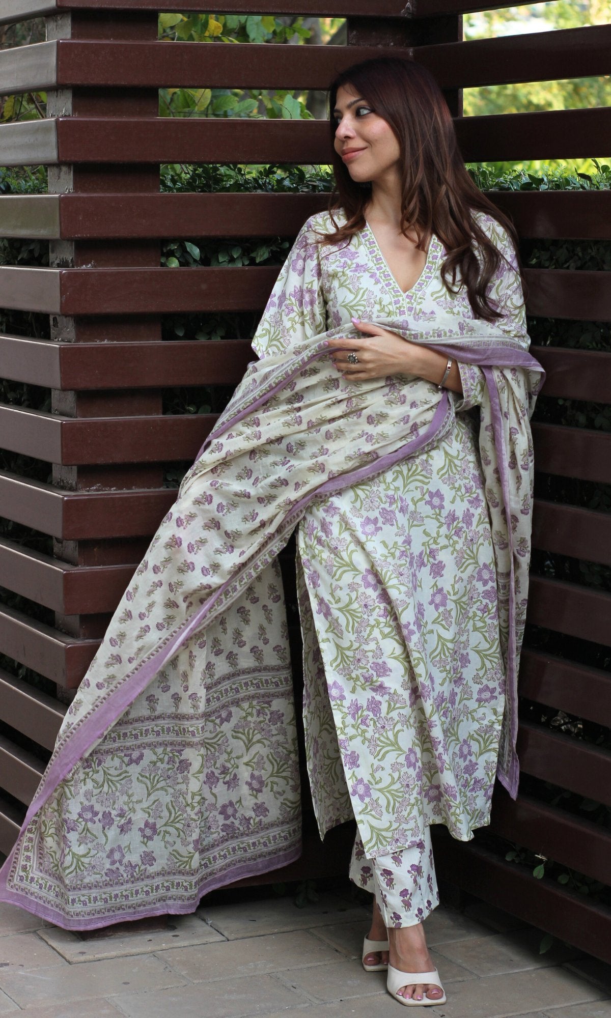 Cotton Sanganeri Off White & Purple Suit Set with Printed Dupatta - Baareeki