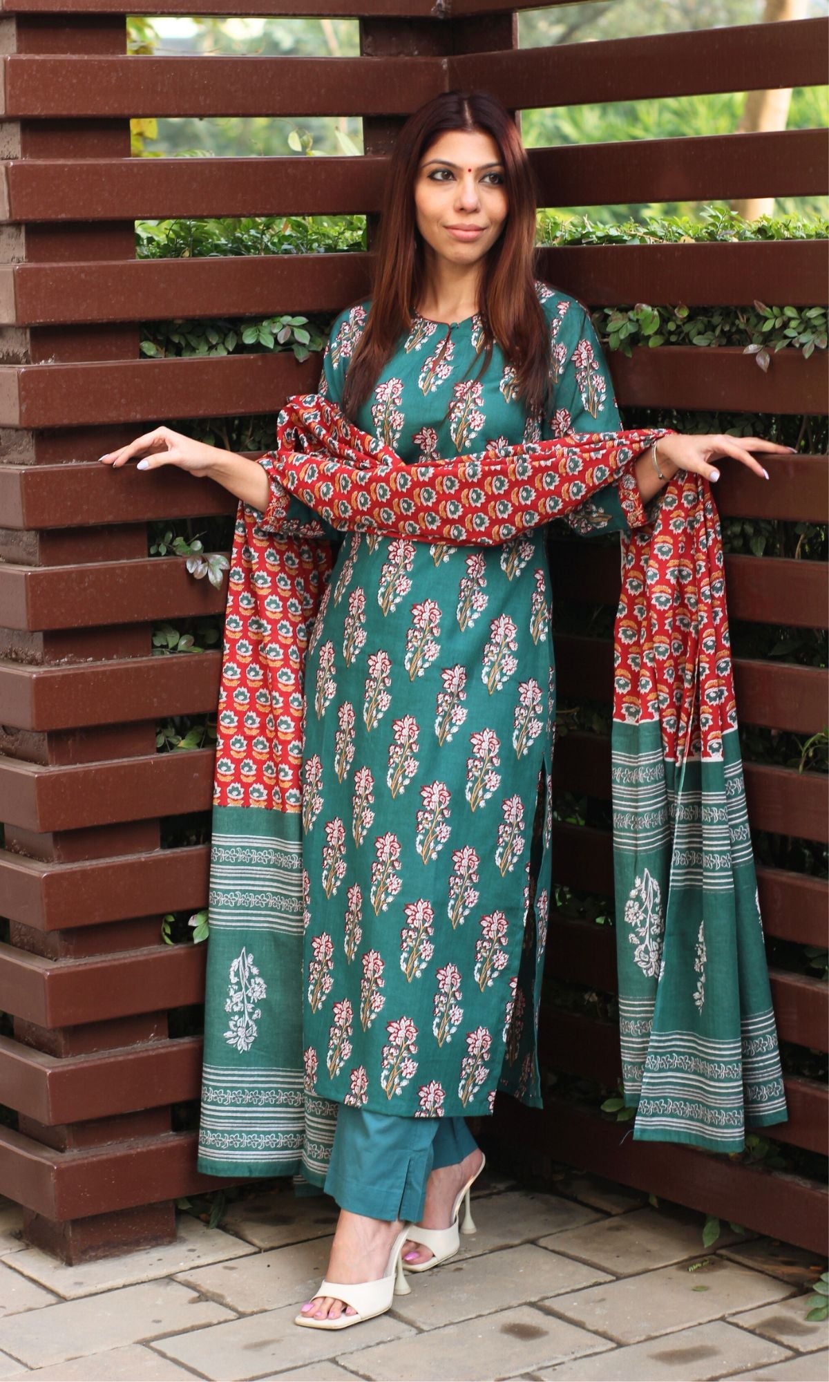 Cotton Sanganeri Print Green Suit Set with Printed Cotton Dupatta - Baareeki