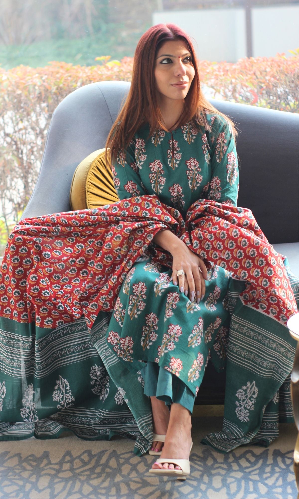 Cotton Sanganeri Print Green Suit Set with Printed Cotton Dupatta - Baareeki