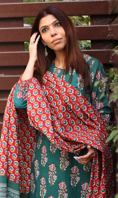 Cotton Sanganeri Print Green Suit Set with Printed Cotton Dupatta - Baareeki