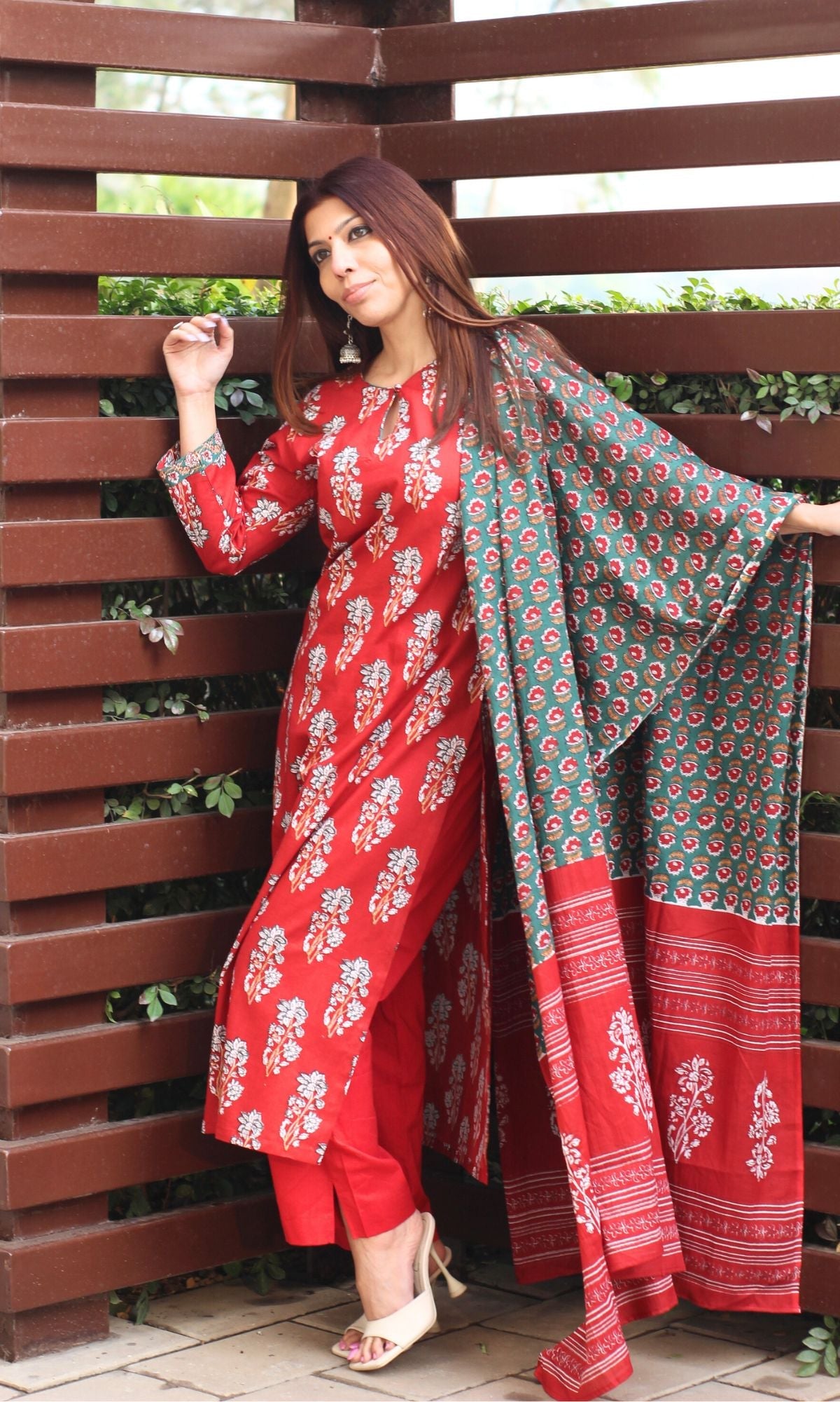 Cotton Sanganeri Print Red Suit Set with Printed Cotton Dupatta - Baareeki