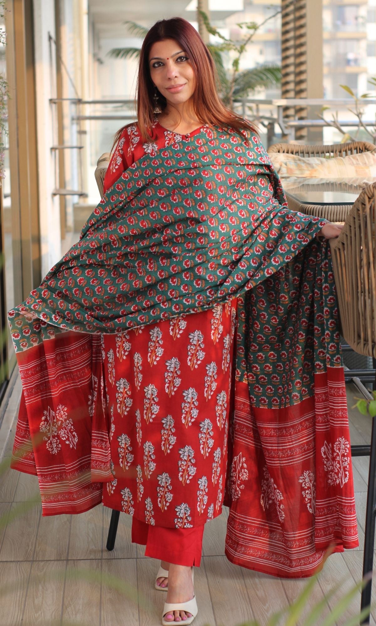 Cotton Sanganeri Print Red Suit Set with Printed Cotton Dupatta - Baareeki