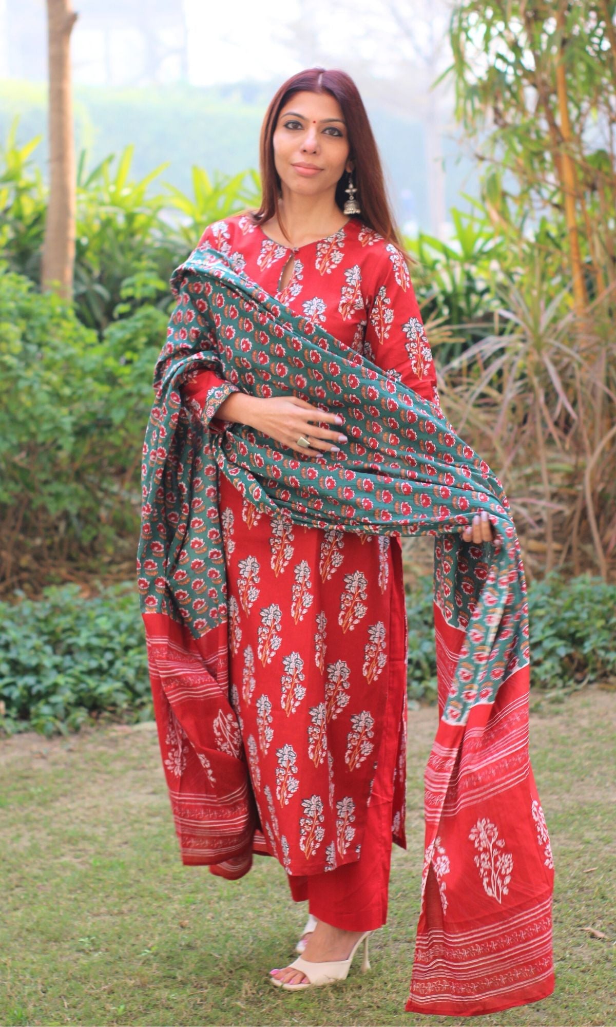 Cotton Sanganeri Print Red Suit Set with Printed Cotton Dupatta - Baareeki