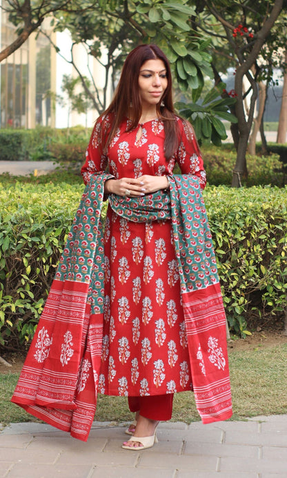 Cotton Sanganeri Print Red Suit Set with Printed Cotton Dupatta - Baareeki