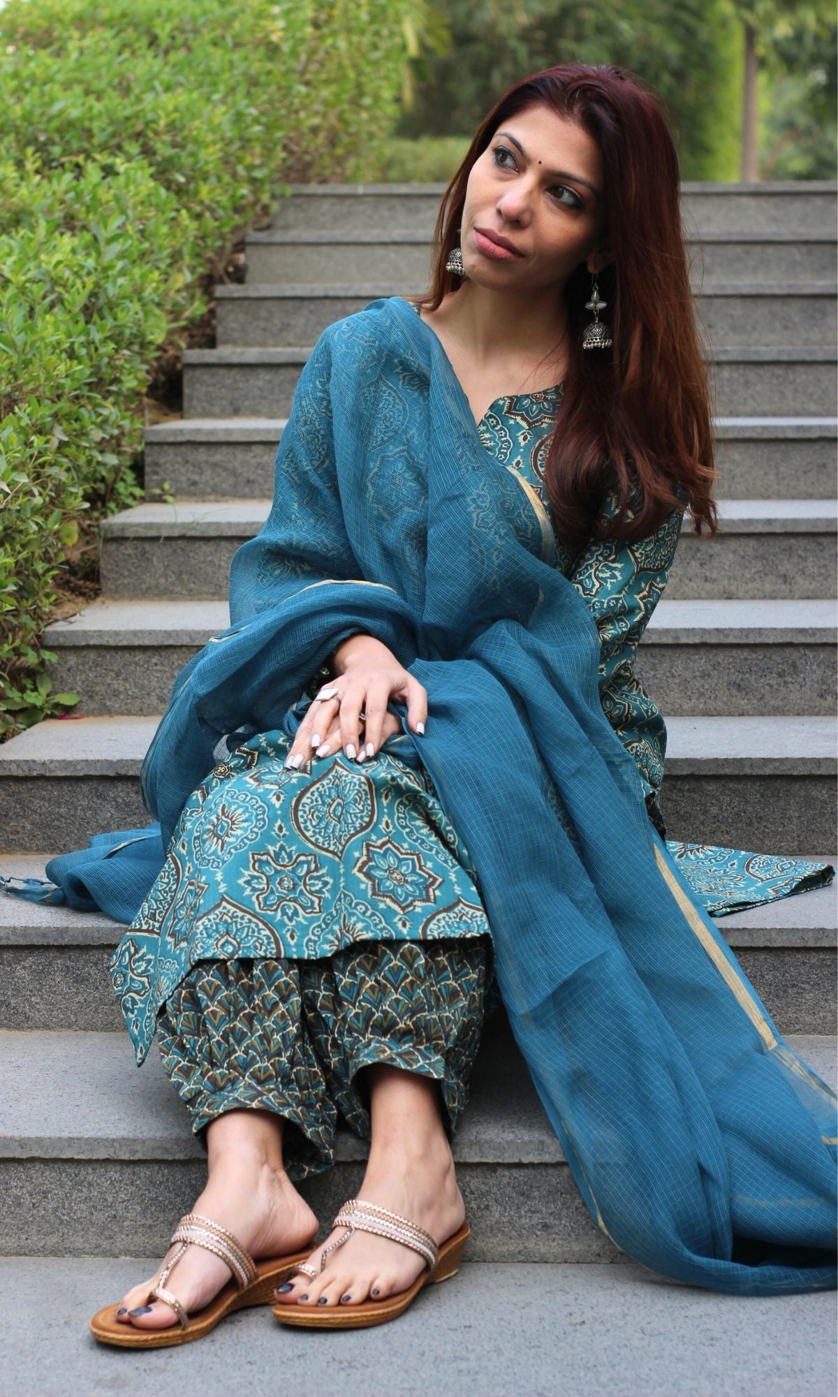 Cotton Teal Ajrakh Print Kurta and Afghani Pants with Kota Doria Dupatta - Baareeki